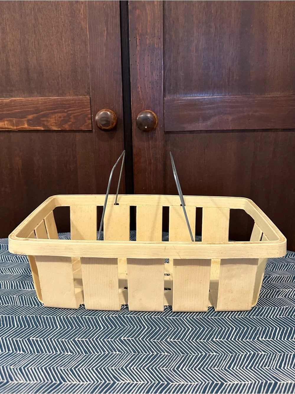 Faux wood • apple crate • metal handles • basket